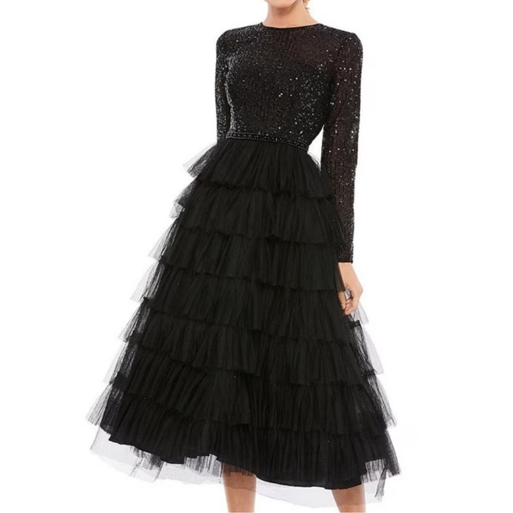 Mac Duggal Black Sequin Long Sleeve Dress